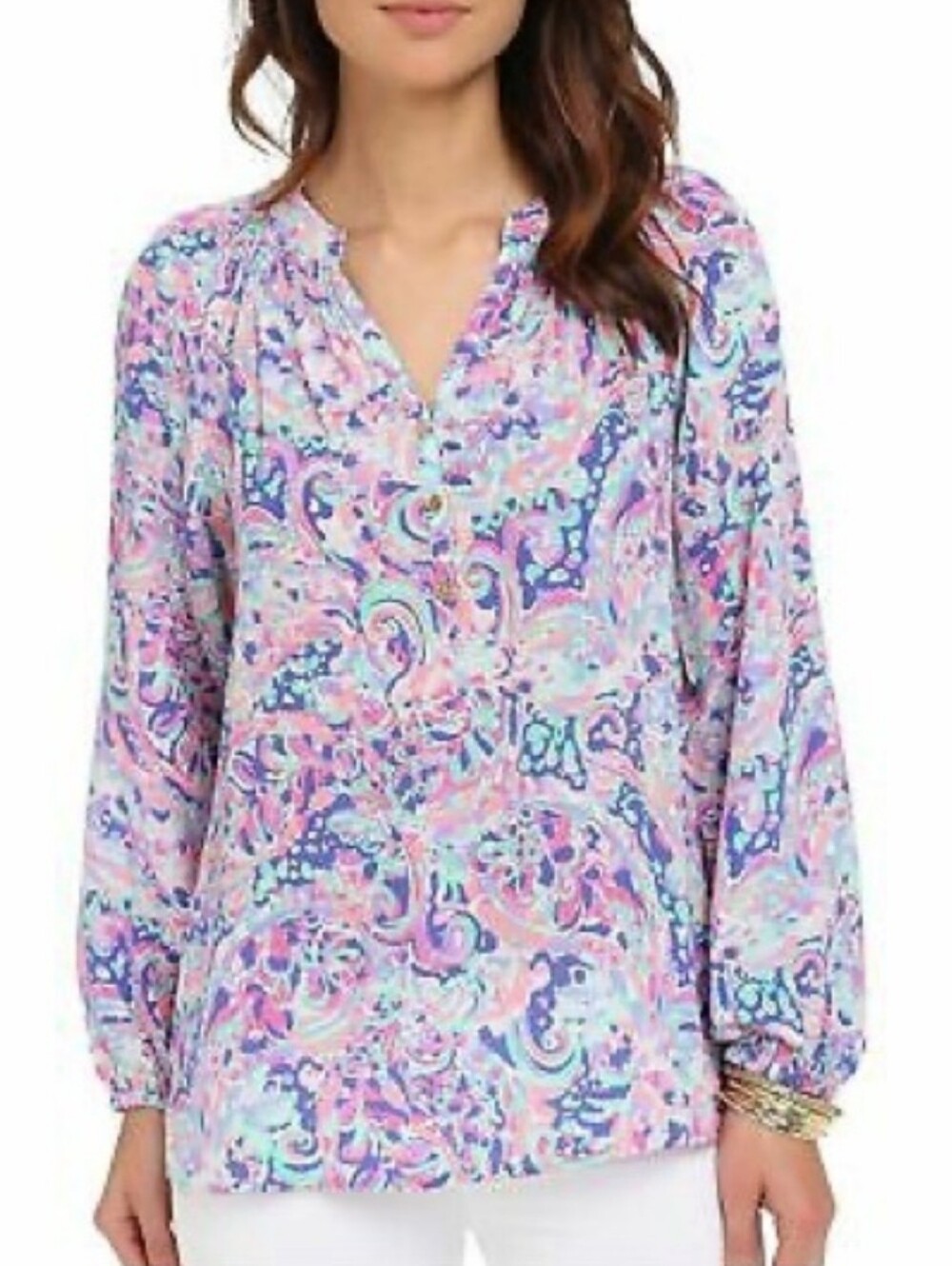 Lilly Pulitzer Elsa 100 % Silk Blouse Med Blue Pink Tropical Multi La Playa" Euc
